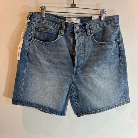 DENIM FORUM Sz 30 The Joni Mid Thigh Button Fly Picture this Blue Shorts NEW - Picture 2 of 14